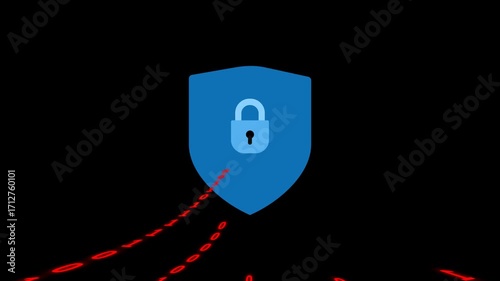 animated shield and padlock opened by red binary code, hacker attack concept, animation video isolated on alpha channel(transparent) background.