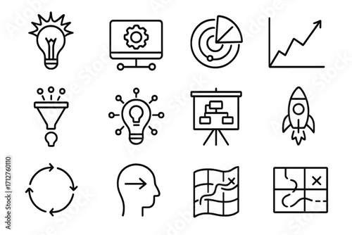 Innovation Strategy Icons. Line style icons of innovation strategy: disruptive idea icon, tech transformation icon, startup radar,