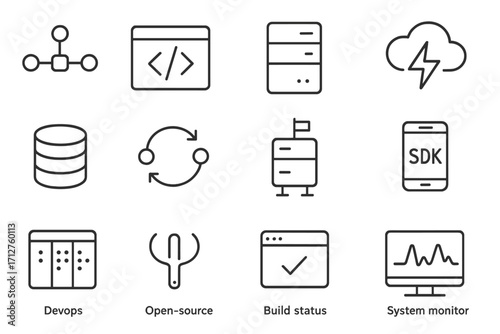 Tech Startup Icons. Line style icons of tech startup stack: API connector icon, frontend code editor, backend server icon, cloud