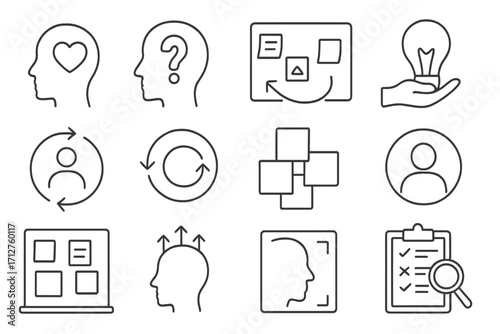 Design Thinking Icons. Line style icons of design thinking: empathize phase icon, define problem icon, ideate session board,