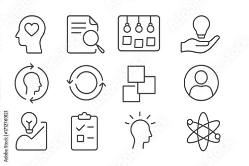 Design Thinking Icons. Line style icons of design thinking: empathize phase icon, define problem icon, ideate session board,