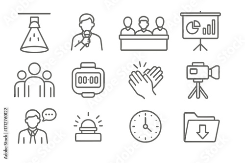 Pitch Event Icons. Line style icons of pitch event scenes: stage spotlight icon, founder with mic, investor panel icon, pitch