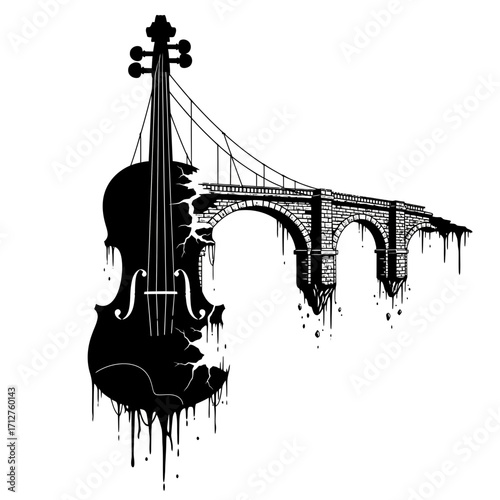 Surreal violin bridge silhouette isolated on white background