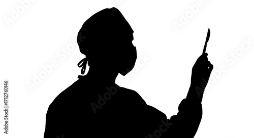 Surgeon in surgical mask and cap holding scalpel silhouette isolated on white background