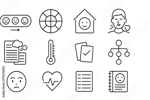 Emotional Regulation Icons. Line style icons of emotional regulation: mood scale icon, emotion wheel, safe space icon, deep