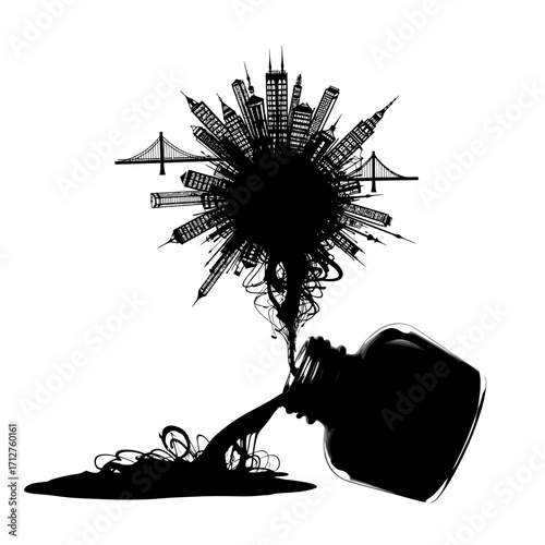 Ink bottle spilling cityscape silhouette isolated on white background