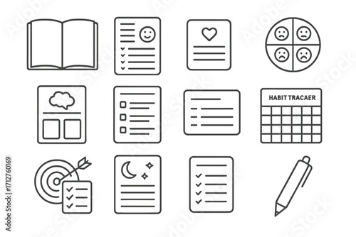 Mental Health Icons. Line style icons of mental health journaling: open journal icon, emotion log page, gratitude entry, mood