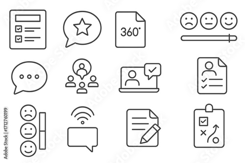 Remote Feedback Tool Icons. Line style icons of remote feedback tools: feedback form icon, review request bubble, 360 feedback