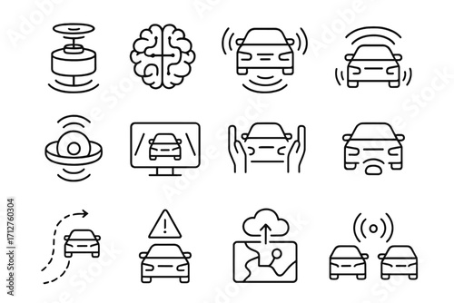 Autonomous Vehicle Icons. Line style icons of autonomous vehicles: lidar scanner icon, AI car brain, sensor detection field, 360