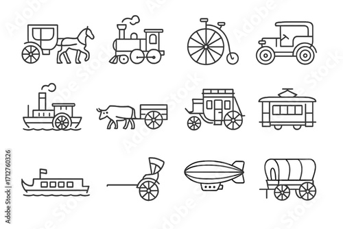 Historic Transport Icons. Line style icons of historic transport: horse carriage icon, vintage train engine, penny-farthing