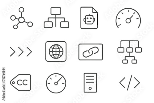Technical SEO Icons. Line style icons of technical SEO: schema markup icon, XML sitemap icon, robots.txt icon, crawl budget meter,