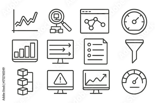 Network Monitoring Icons. Line style icons of network traffic monitoring: traffic graph icon, packet sniffing icon, protocol