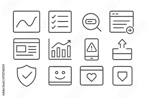 Google Console Icons. Line style icons of Google Search Console: performance report icon, index coverage icon, URL inspection tool