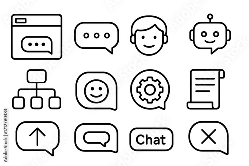Live Chat Icons. Line style icons of live chat service: chat window icon, typing indicator dots, agent message box, chatbot face