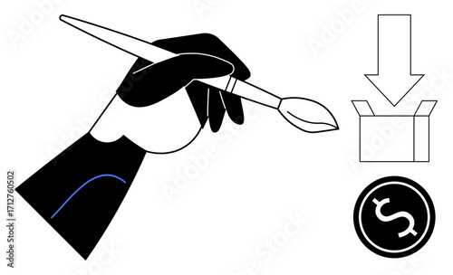 Hand holding brush symbolizes creativity box with down arrow for packaging or delivery dollar sign for value or monetization. Ideal for art, design, commerce, e-commerce, creativity, monetization