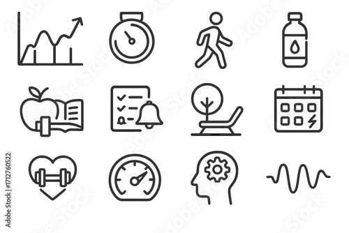 Energy Management Icons. Line style icons of energy management: energy peaks chart, rest timer icon, midday walk icon, hydration
