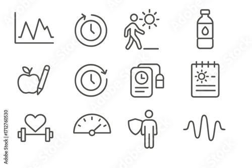 Energy Management Icons. Line style icons of energy management: energy peaks chart, rest timer icon, midday walk icon, hydration
