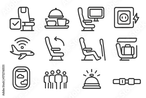 Passenger Experience Icons. Line style icons of passenger experience: seat reservation icon, onboard meal icon, in-flight