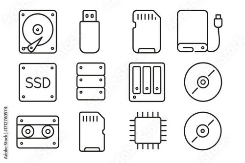 Storage Device Icons. Line style icons of storage devices: hard drive icon, USB flash drive icon, SD card icon, external HDD icon,