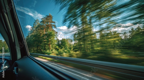 View from car window of blurred green trees and blue sky during a fast drive