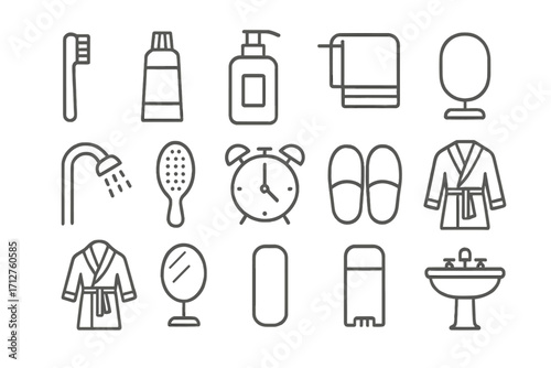 Morning Routine Icons. Line style icons of morning routine items: toothbrush icon, toothpaste tube, face wash bottle, towel icon,