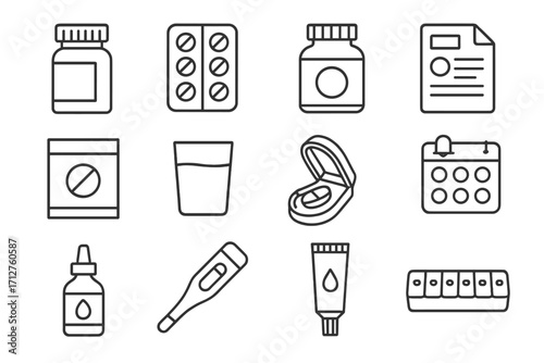 Daily Medication Icons. Line style icons of daily medication: pill bottle, blister pack, vitamin jar, prescription sheet, medicine