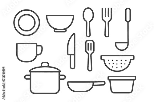 Kitchenware Line Icons. Line style icons of everyday kitchenware: plate icon, bowl icon, spoon icon, fork icon, cup icon, kitchen