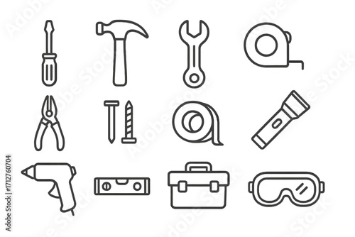 Home Repair Icons. Line style icons of basic home repair tools: screwdriver icon, hammer icon, wrench icon, tape measure, pliers