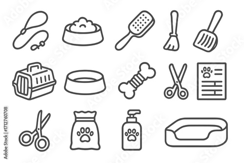 Pet Care Essentials Icons. Line style icons of pet care basics: dog leash, cat food bowl, pet brush, litter scoop, pet carrier,