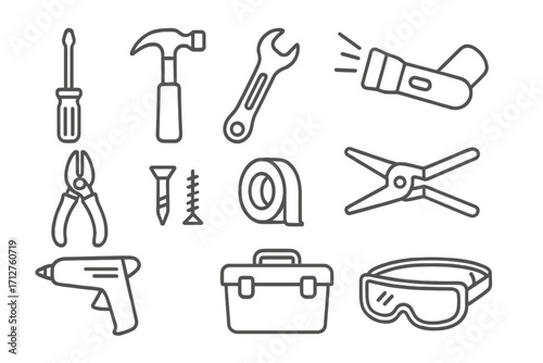 Home Repair Icons. Line style icons of basic home repair tools: screwdriver icon, hammer icon, wrench icon, tape measure, pliers