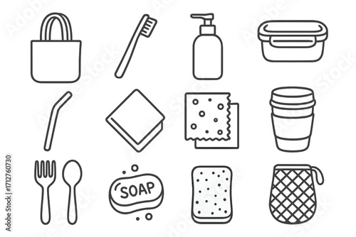 Reusable Icons Collection. Line style icons of reusable items: cloth bag, bamboo toothbrush, refill bottle, glass container,