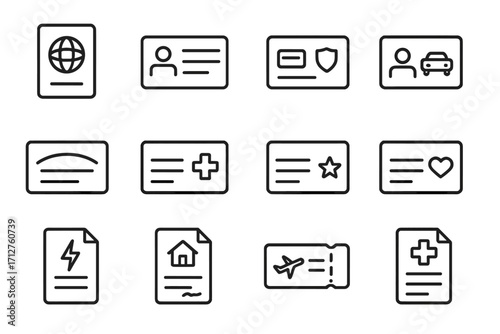 Essential Document Icons. Line style icons of essential documents: passport icon, ID card icon, insurance card, driver’s license,