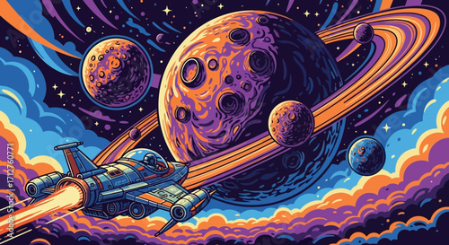 Vibrant cosmic journey with spaceship soaring among colorful planets and nebula, perfect for imaginative sci-fi themes and futuristic design projects.