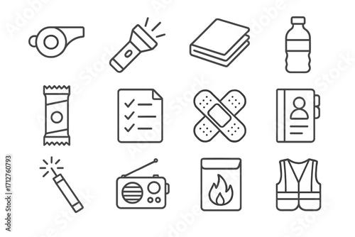 Emergency Kit Icons. Line style icons of emergency items: whistle icon, flashlight icon, emergency blanket, water bottle, basic