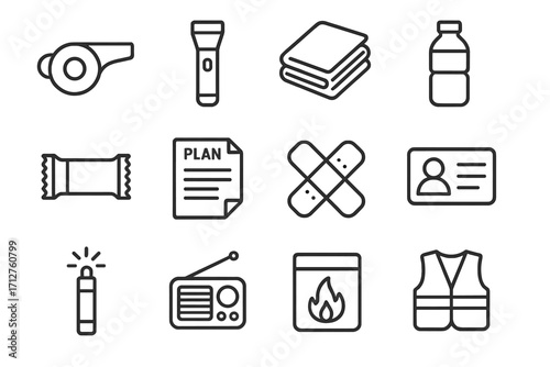 Emergency Kit Icons. Line style icons of emergency items: whistle icon, flashlight icon, emergency blanket, water bottle, basic