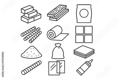 Construction Materials Icons. Line style icons of construction materials: bricks stack, wood planks, cement bag, steel rods,