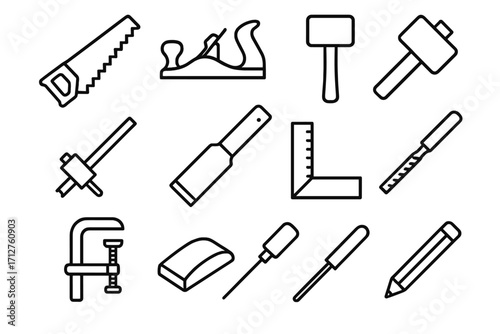 Carpentry Tools Icons. Line style icons of carpentry tools: hand saw, plane tool, wood chisel, mallet icon, marking gauge,