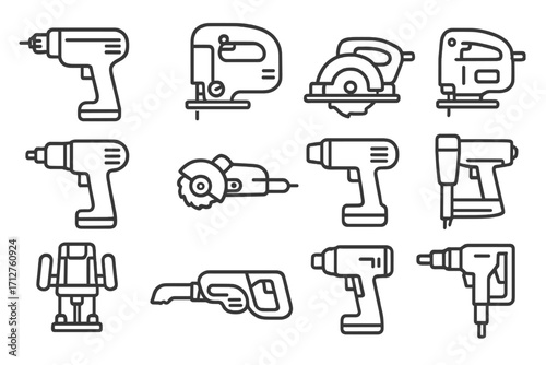 Power Tools Icons. Line style icons of power tools: electric drill, jigsaw tool, circular saw, belt sander, power wrench, angle