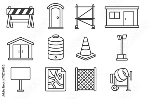 Construction Site Essentials Icons. Line style icons of site setup essentials: construction site barrier, portable toilet,