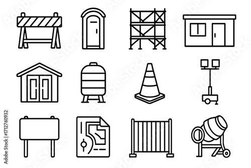 Construction Site Essentials Icons. Line style icons of site setup essentials: construction site barrier, portable toilet,