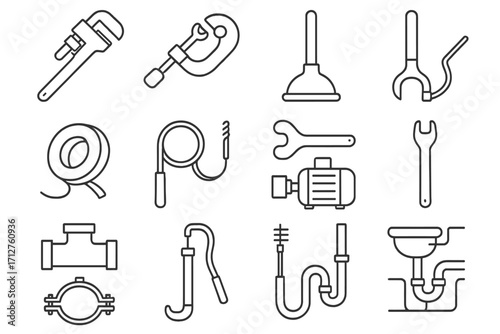 Plumbing Tools Icons. Line style icons of plumbing tools: pipe wrench, pipe cutter, plunger icon, Teflon tape, drain snake, faucet