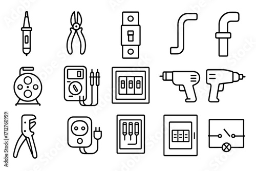 Electrical Tools Icons. Line style icons of electrical tools: voltage tester, wire cutter, circuit breaker, conduit pipe, cable