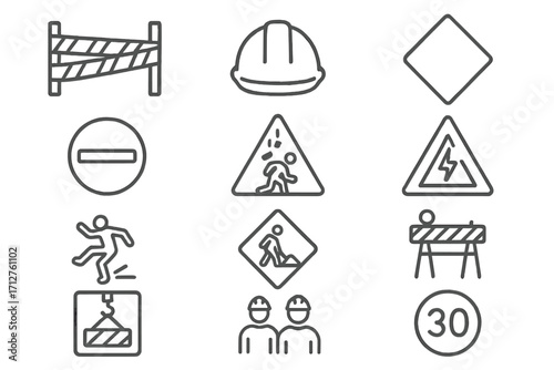 Construction Warning Icons. Line style icons of construction warning signs: caution tape, hard hat area, danger sign, no entry