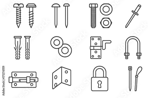 Hardware Line Icons. Line style icons of fasteners and hardware: screws icon, nails icon, bolts and nuts, wall anchors, washers