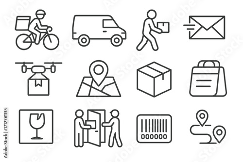 Delivery Icons Set. Line style icons of delivery transport: delivery bike icon, parcel van, courier icon, express mail icon,