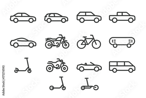 Vehicle Icon Collection. Line style icons of personal vehicles: sedan car icon, hatchback icon, SUV icon, pickup truck icon,