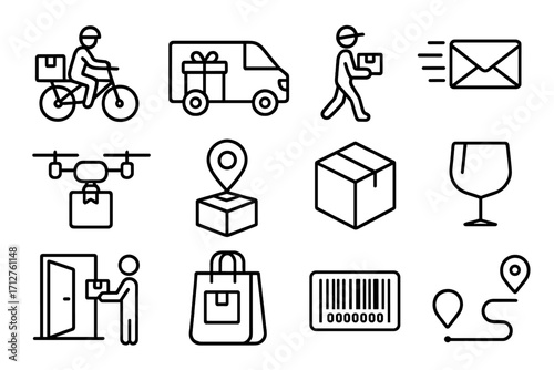 Delivery Icons Set. Line style icons of delivery transport: delivery bike icon, parcel van, courier icon, express mail icon,