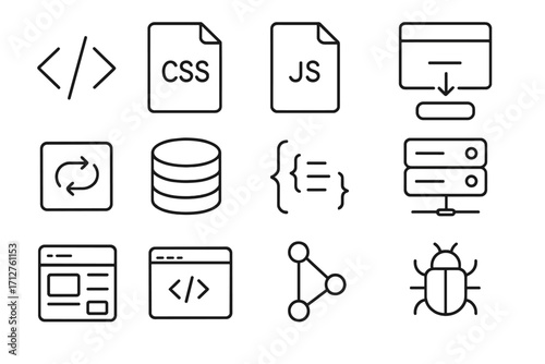 Web Development Icons. Line style icons of web development: HTML tag, CSS icon, JavaScript icon, server response, REST API icon,