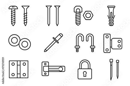 Hardware Line Icons. Line style icons of fasteners and hardware: screws icon, nails icon, bolts and nuts, wall anchors, washers