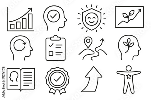 Mental Health Icons. Line style icons of mental health progress: progress chart icon, healing milestone, therapy success badge,